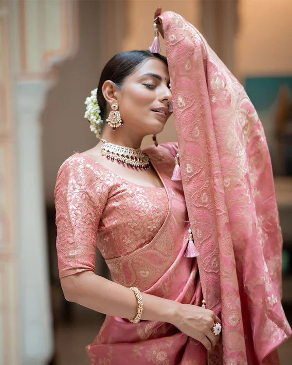 Womenline Orange Color Banarasi Jacquard Zari Weaving Saree