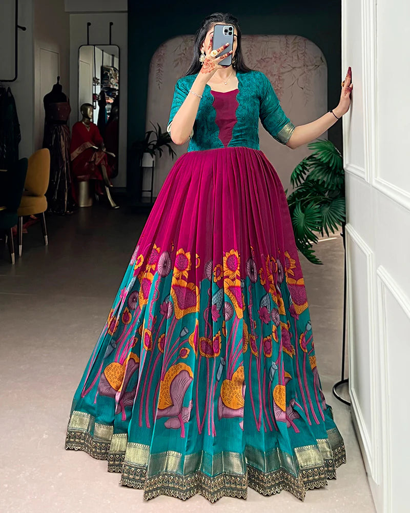 Womenline Pink Color Viscose Chanderi Floral Printed Gown