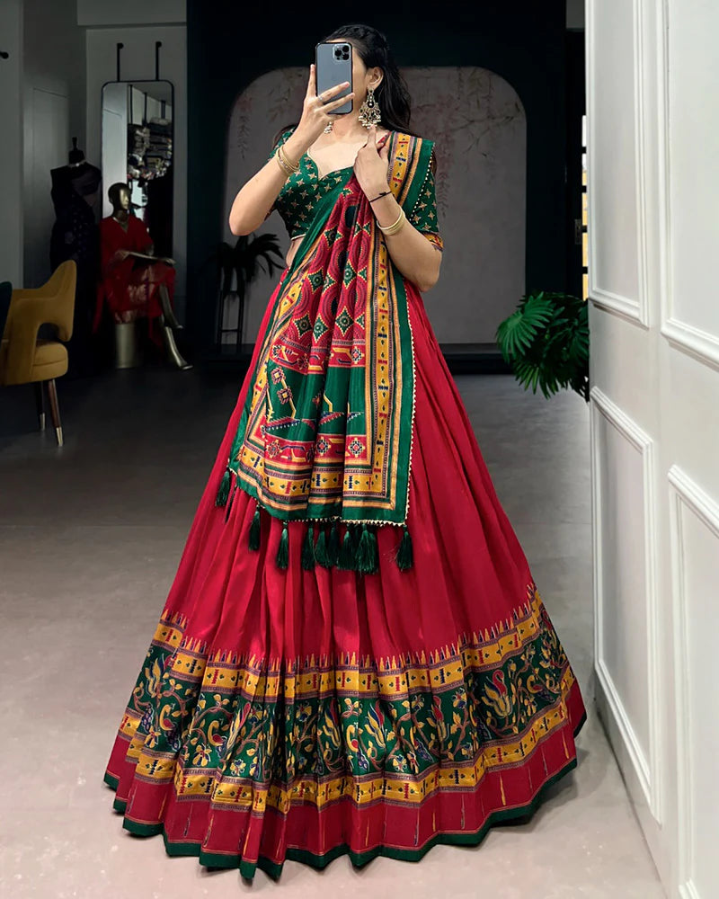 Womenline Red Color Tasar Silk Traditional Lehenga Choli