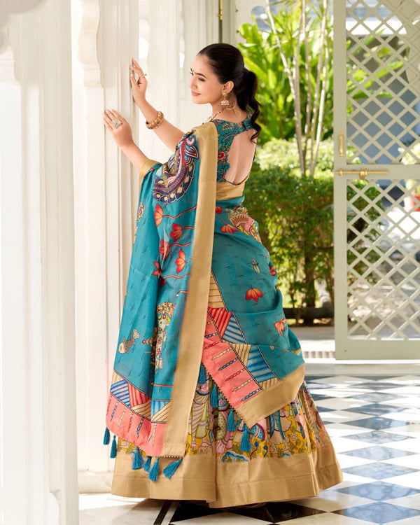 Womenline Yellow Color Dola Silk Designer Kalamkari Print Half Saree