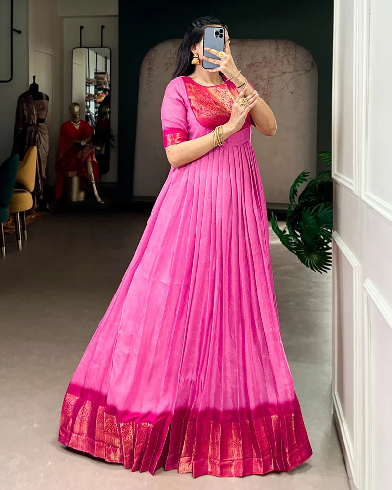 Womenline Pink Color Mass Mello Zari Weaving Gown