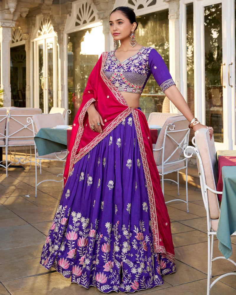 Womenline Purple Color Vichitra Silk Thread Embroidered Lehenga Choli