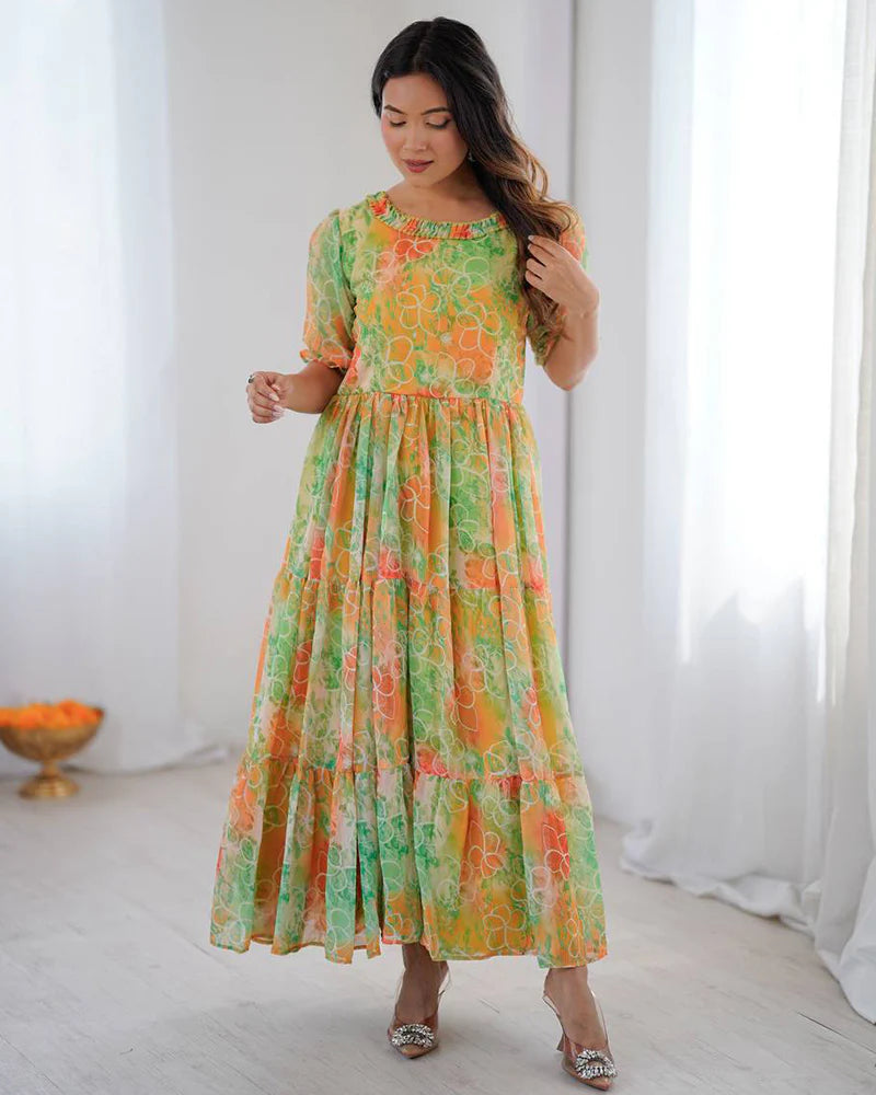 Womenline Lime Green Color Georgette Digital Printed Tunic