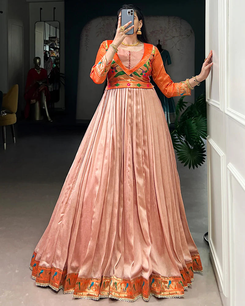 Womenline Peach Color Vichitra Silk Zari Weaving Gown