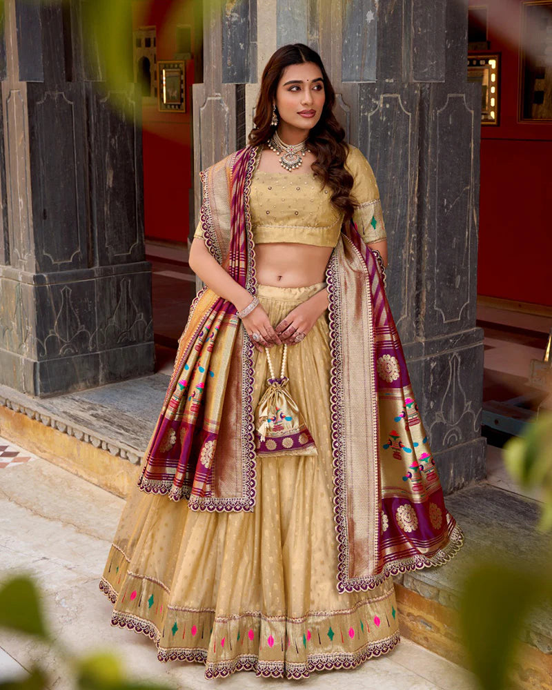 Womenline Cream Color Shimmer Organza Silk Lehenga Choli