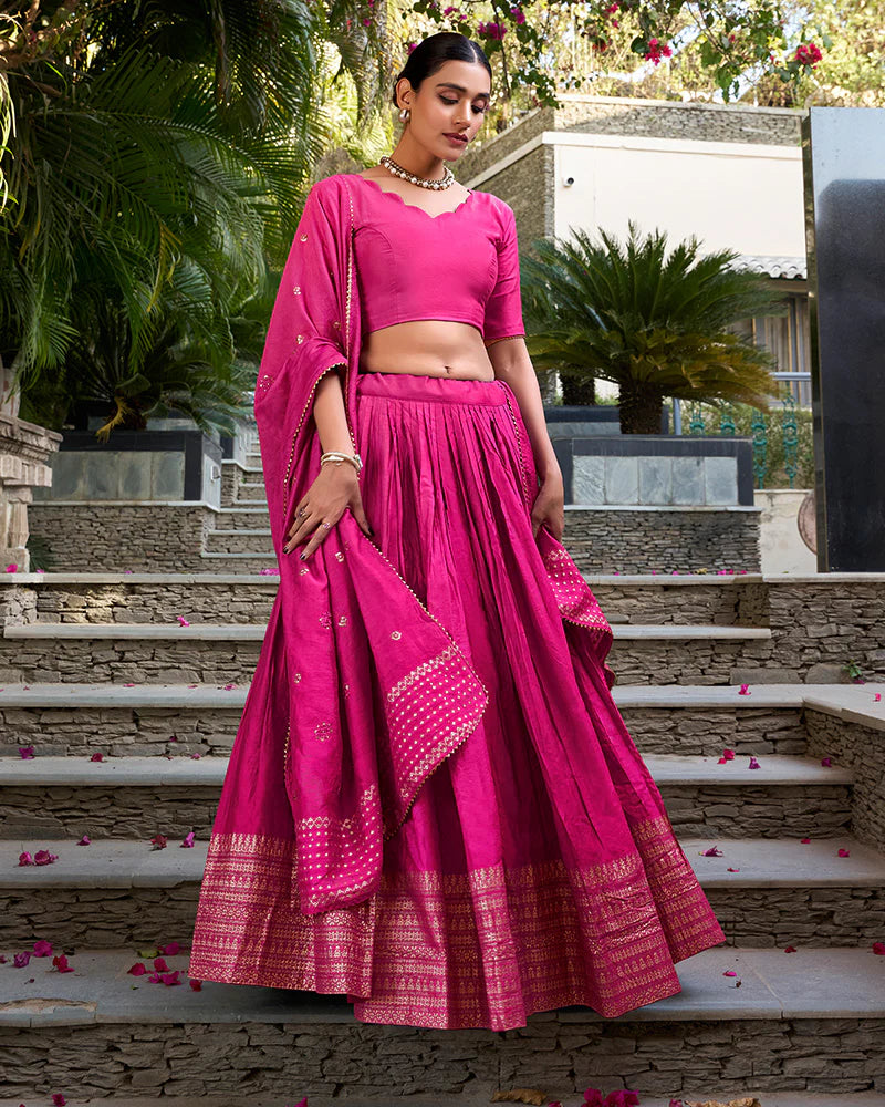 Womenline Pink Color Pure Chanderi Plain Lehenga Choli