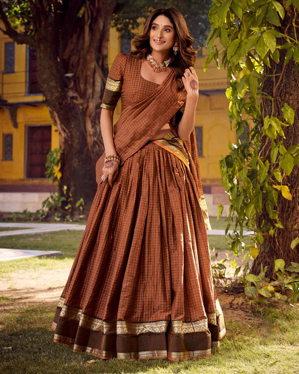 Womenline Rust Orange Color Chettinad Cotton Half Saree