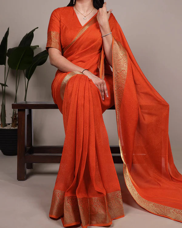 Womenline Orange Color Zari Weaving Mass Mello Saree