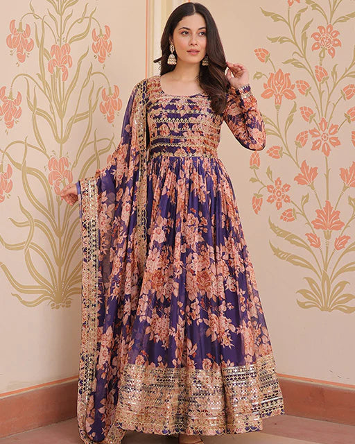 Womenline Wine Color Russian Silk Embroidered Gown