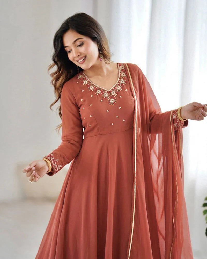 Womenline Rust Orange Color Georgette Three Piece Anarkali Suit