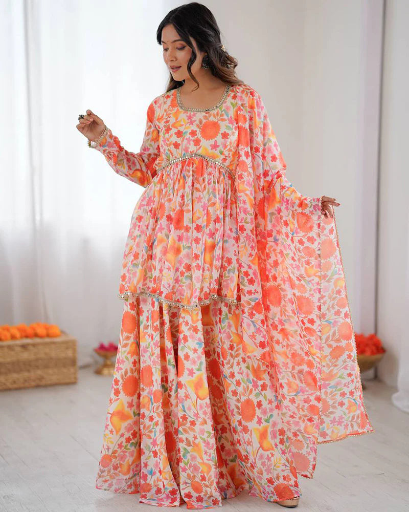 Womenline Orange Color Pure Soft Organza Sharara Suit