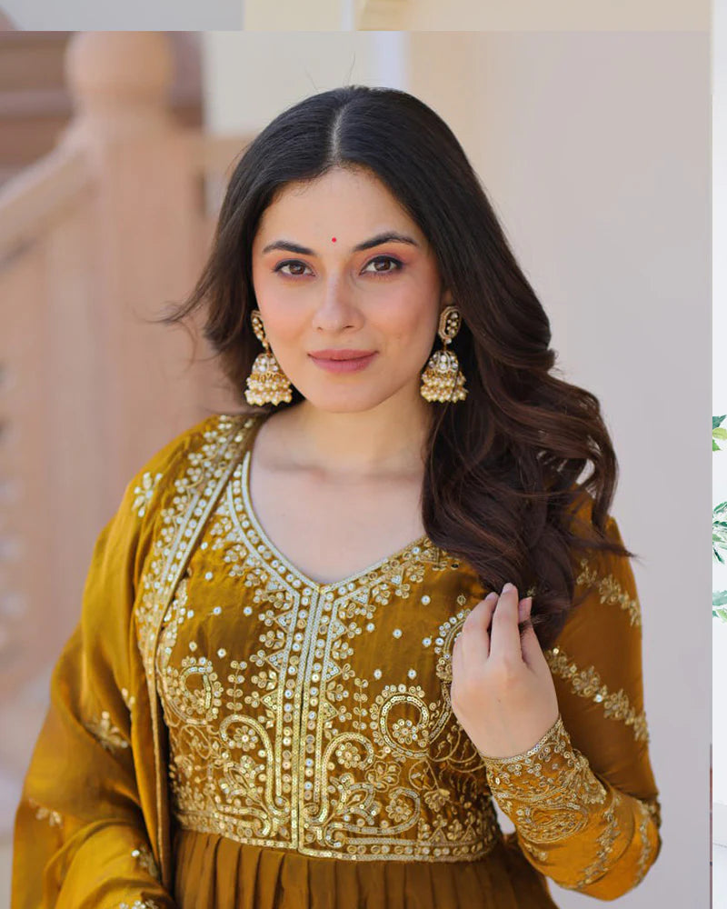 Womenline Mehndi Color Fendi Embroidered Gown
