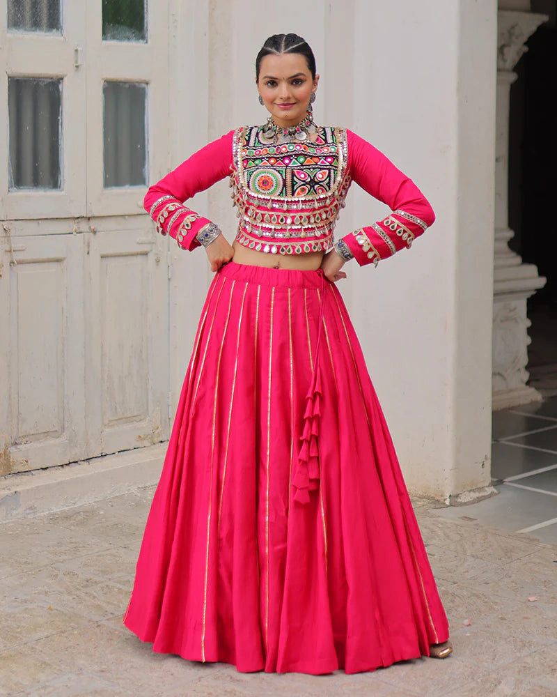 Womenline Pink Color Roman Silk Navratri Lehenga Choli