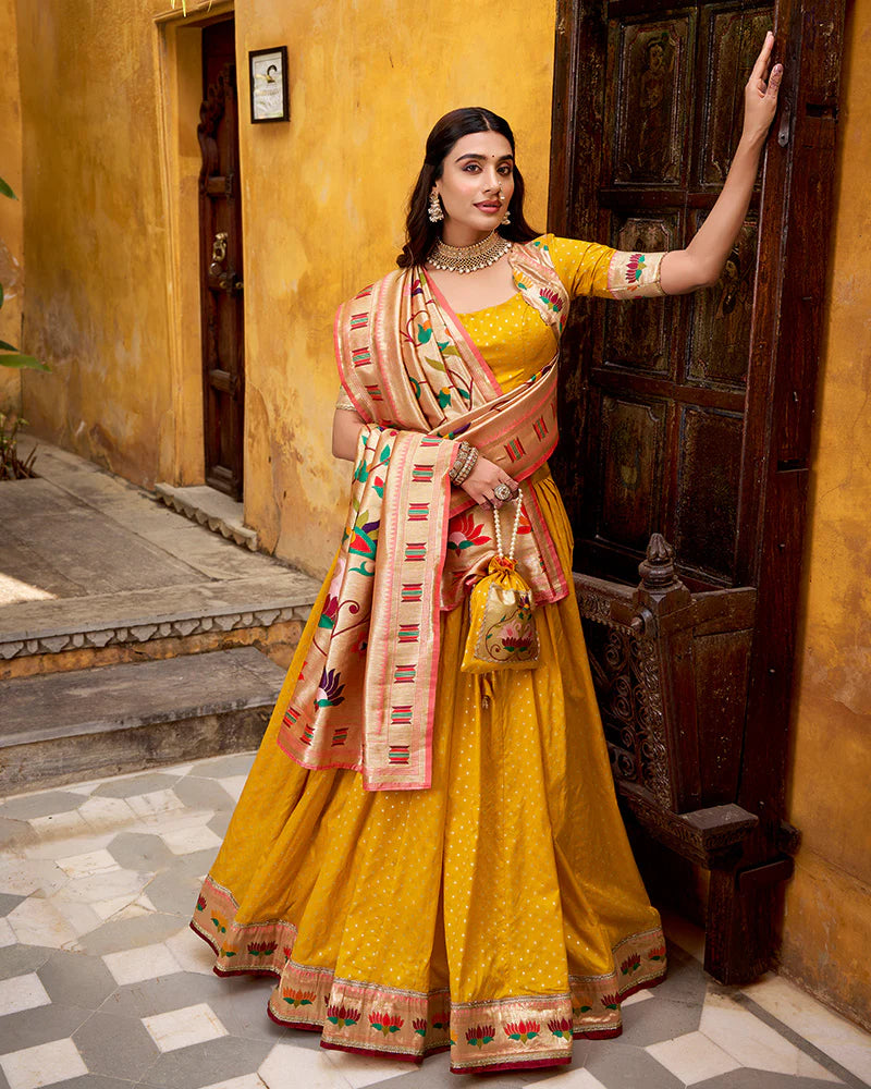 Womenline Mango Color Paithani Silk Zari Weaving Lehenga Choli