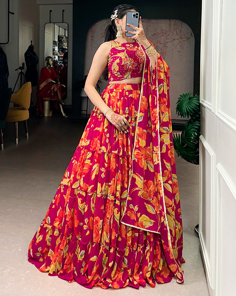 Womenline Pink Color Marble Floral Printed Lehenga Choli