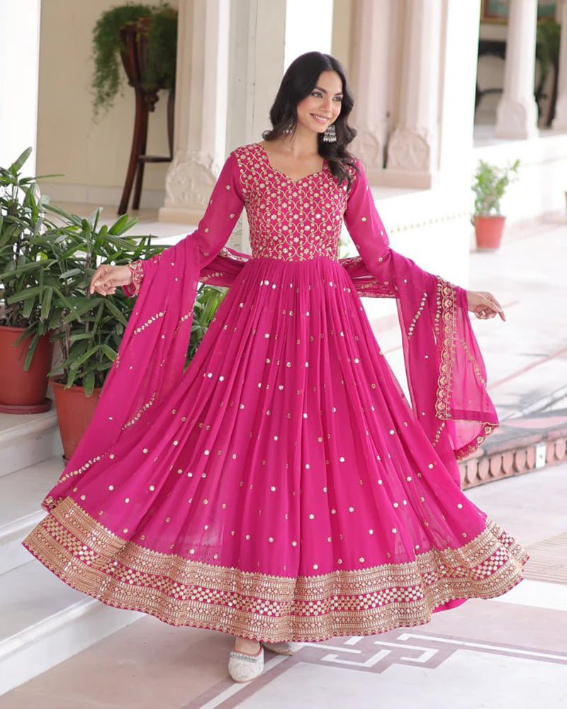Womenline Hot Pink Color Georgette Embroidered Designer Gown