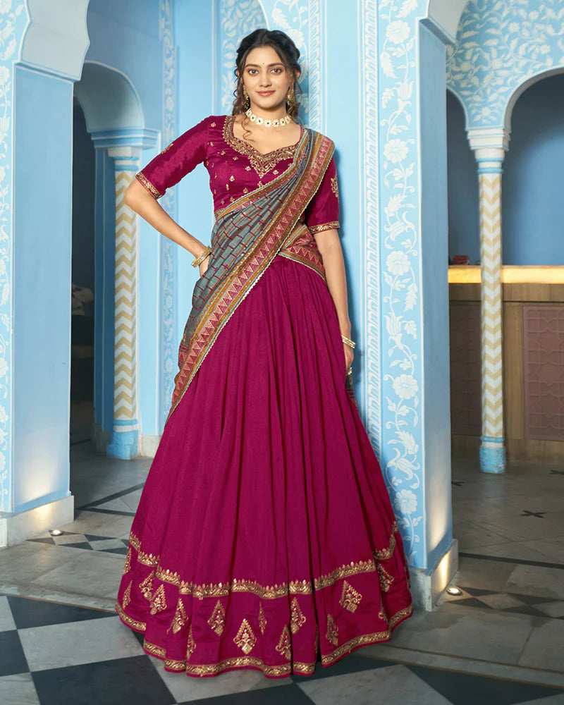 Womenline Elegant Rani Pink Embroidered Vichitra Silk Lehenga Choli