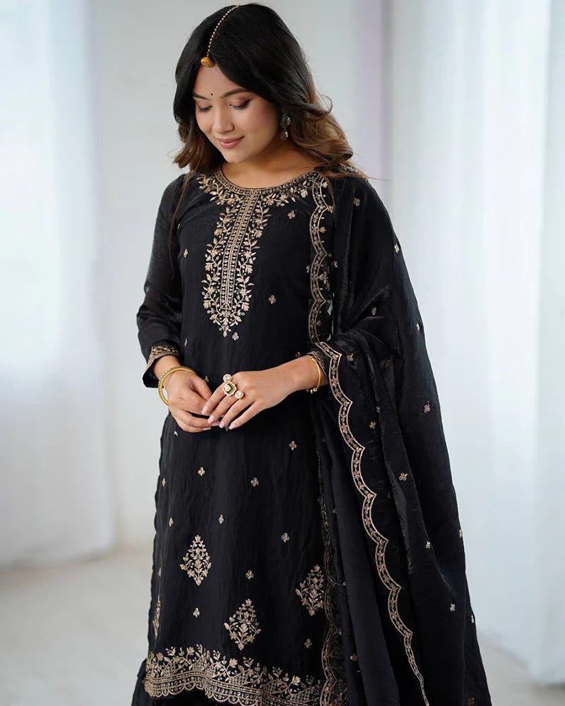 Womenline Black Color Crunchy Silk Sharara Suit