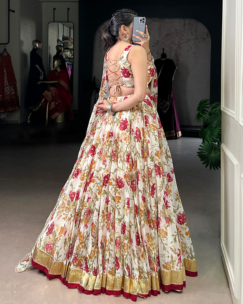 Womenline White Color Chiffon Printed Lehenga Choli