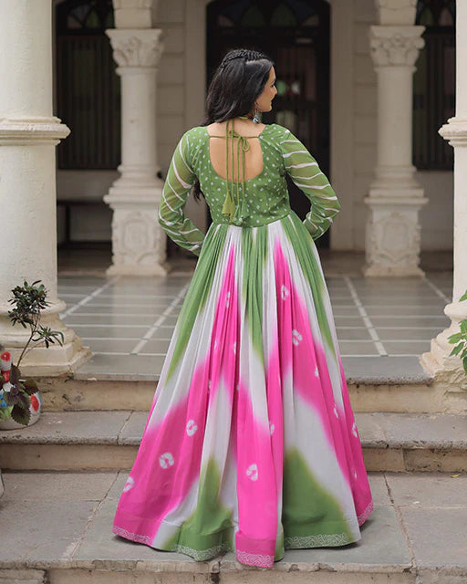Womenline Green Color Faux Georgette Bandhej Print Navratri Gown