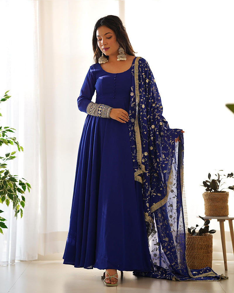 Womenline Blue Color Soft Georgette With Heavy Embroidery Work Dupatta Anarkali Suit