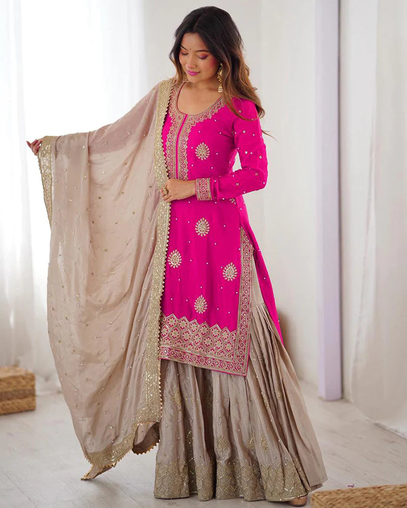 Womenline Pink Color Chinon Silk Embroidered Sharara Suit