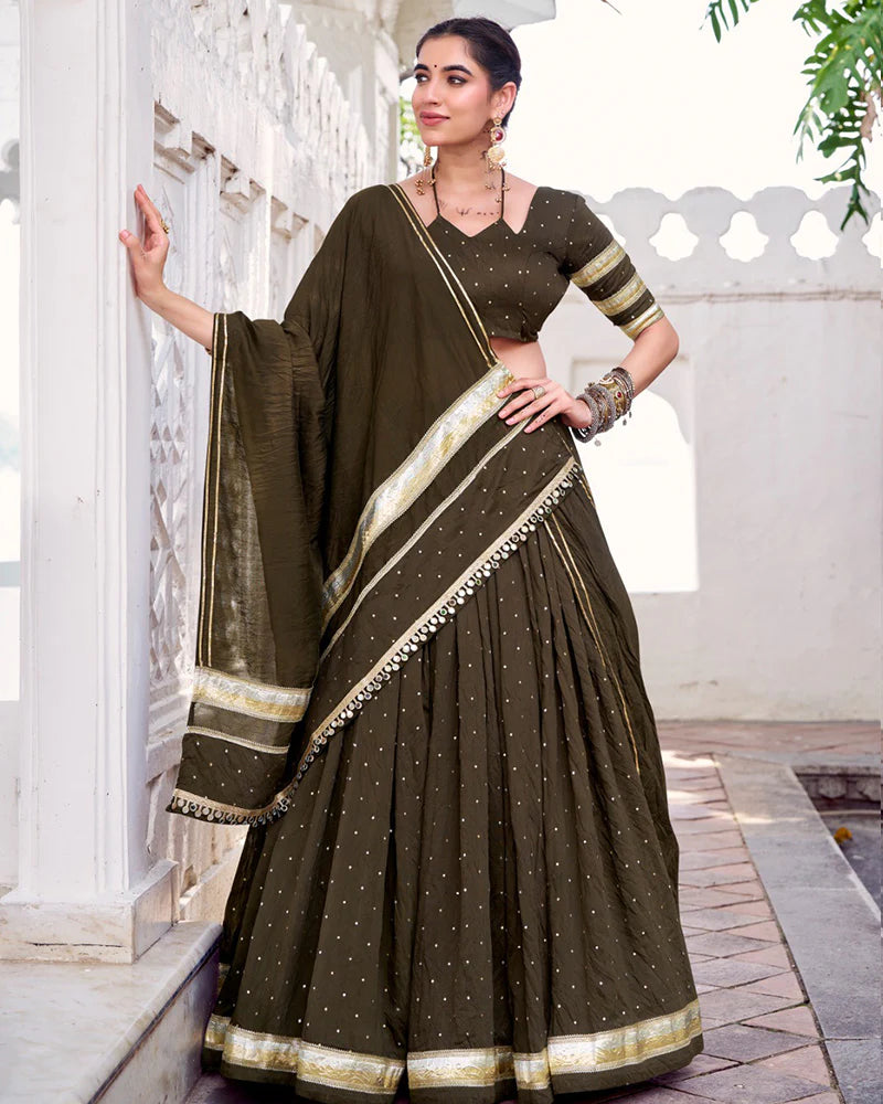 Womenline Classic Mehndi Color Pure Chanderi Navratri Lehenga Choli