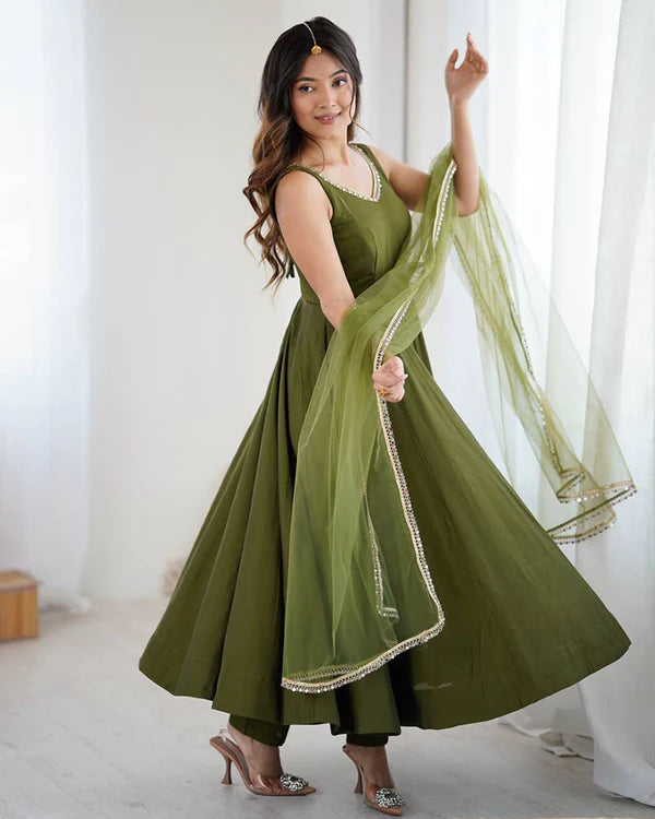 Womenline Mehndi Color Chanderi Pure Roman Silk Anarkali Suit