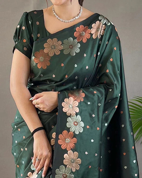 Womenline Jacquard Design Green color Soft Lichi Silk Saree