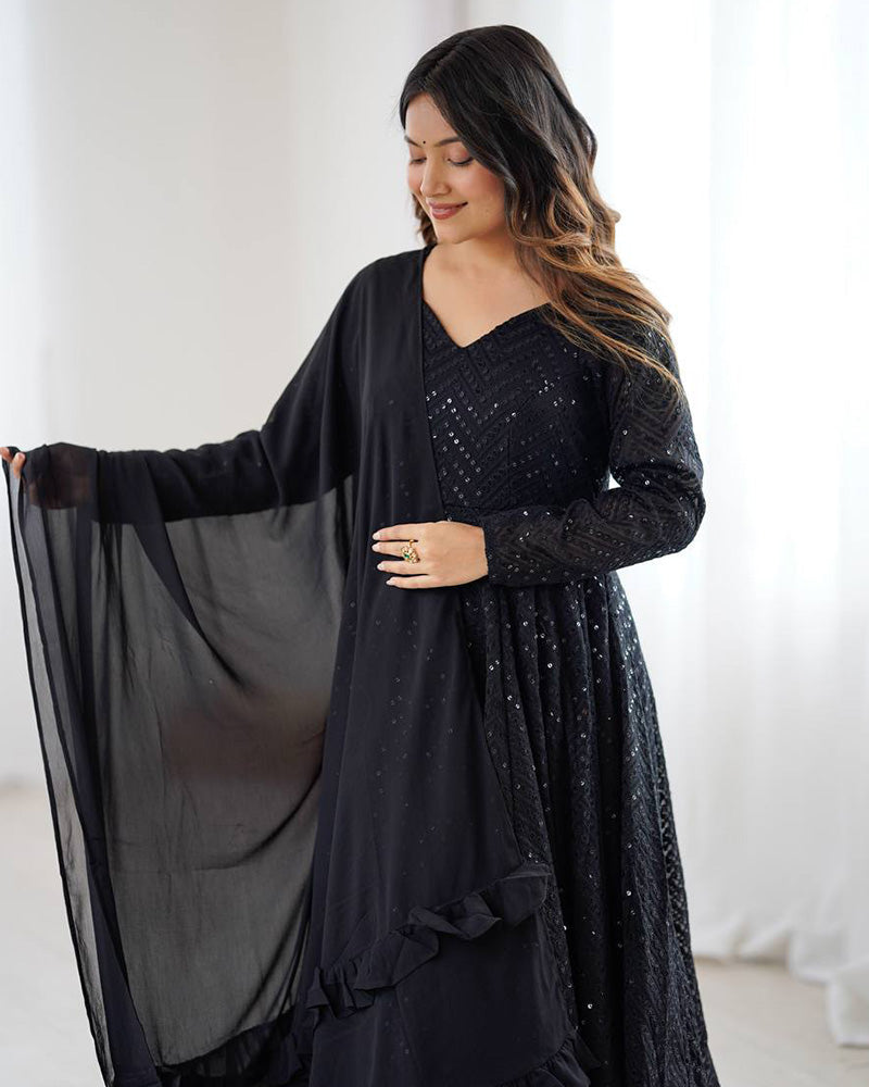 Womenline Black Color Georgette Lucknowi Three Piece Anarkali Suit