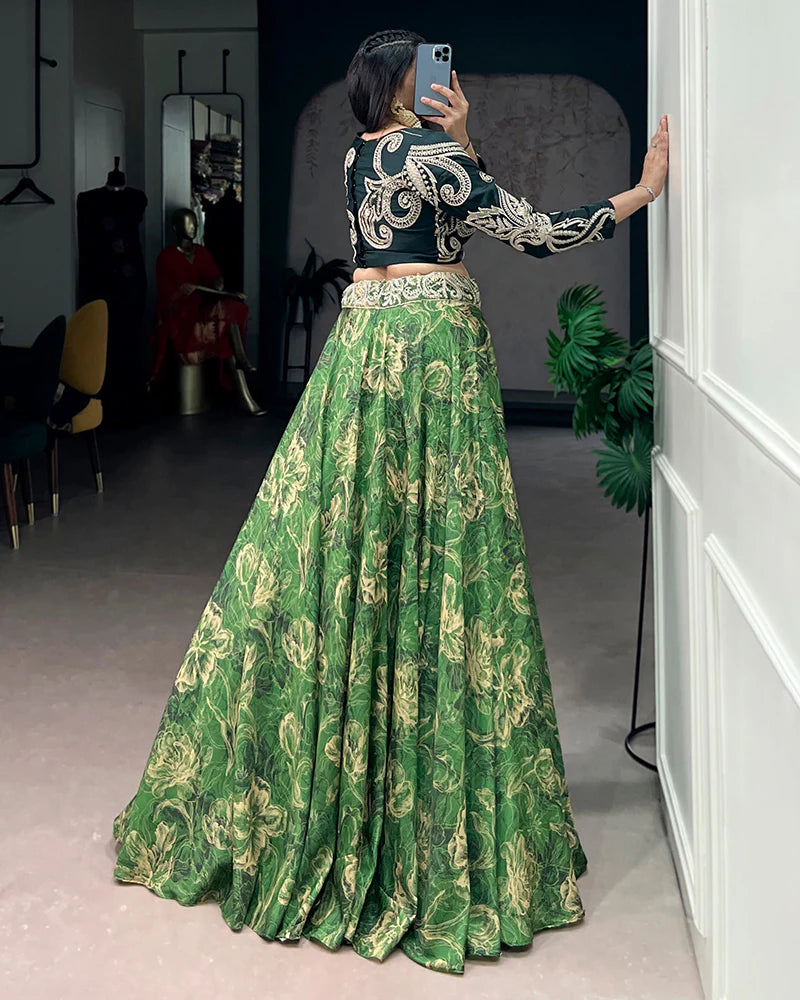Womenline Firozi Green Color Tasar Silk Printed Embroidered Lehenga Choli
