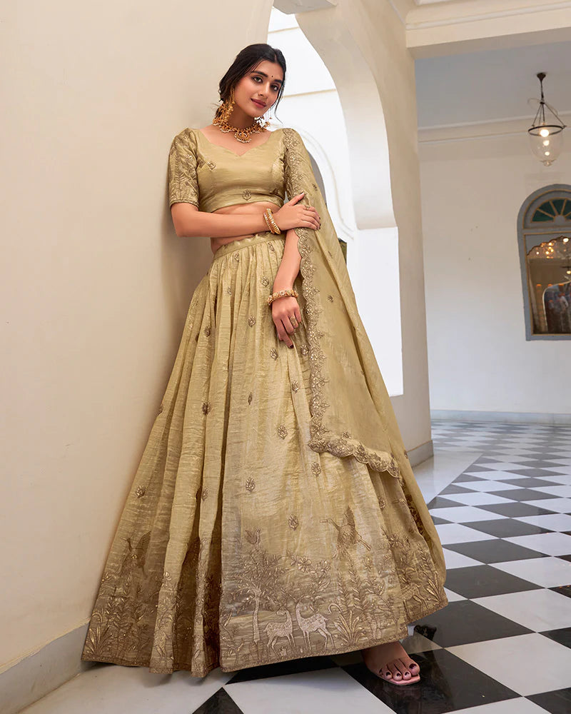 Womenline Off-White Color Gold Crush Embroidered Lehenga Choli