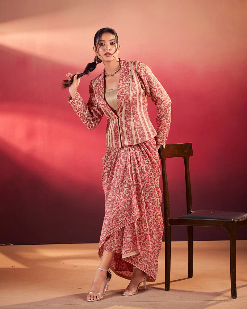 Womenline Salmon Printed Jacket Style Indo-Western Co-Ord Set