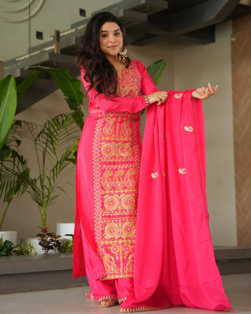 Womenline Gajri Color Chinon Embroidered Kurti Suit