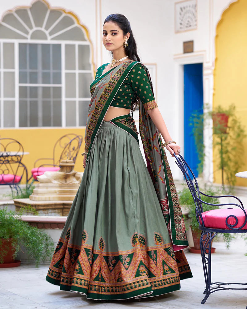 Womenline Green Color Tasar Silk Printed Sparkle Lehenga Choli