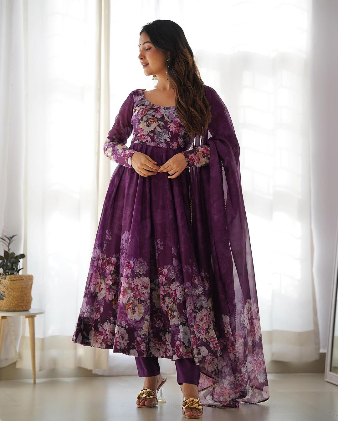 Womenline Wine Color Floral Print Organza Three Piece Anarkali Suit