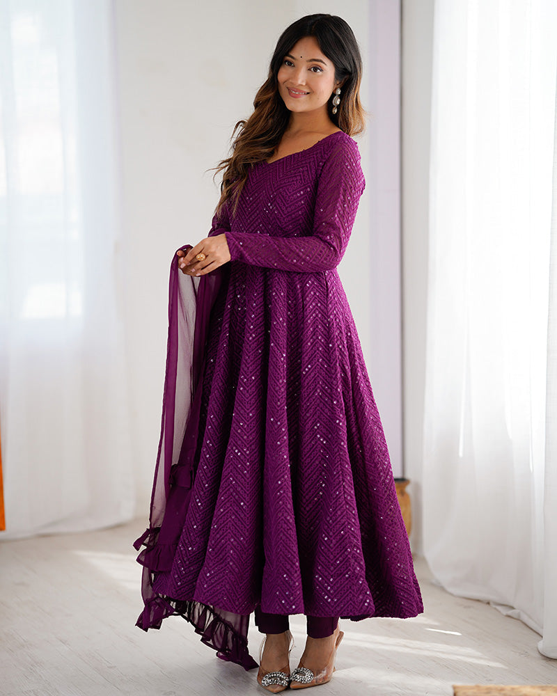 Womenline Wine Color Georgette Lucknowi Three Piece Anarkali Suit