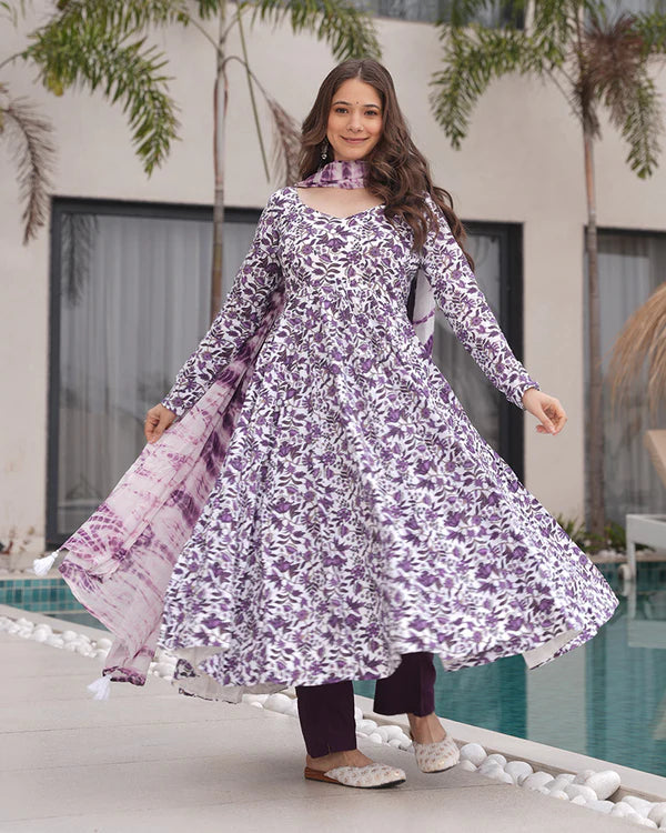 Womenline White And Purple Color Floral Printed Cotton Anarkali Suit