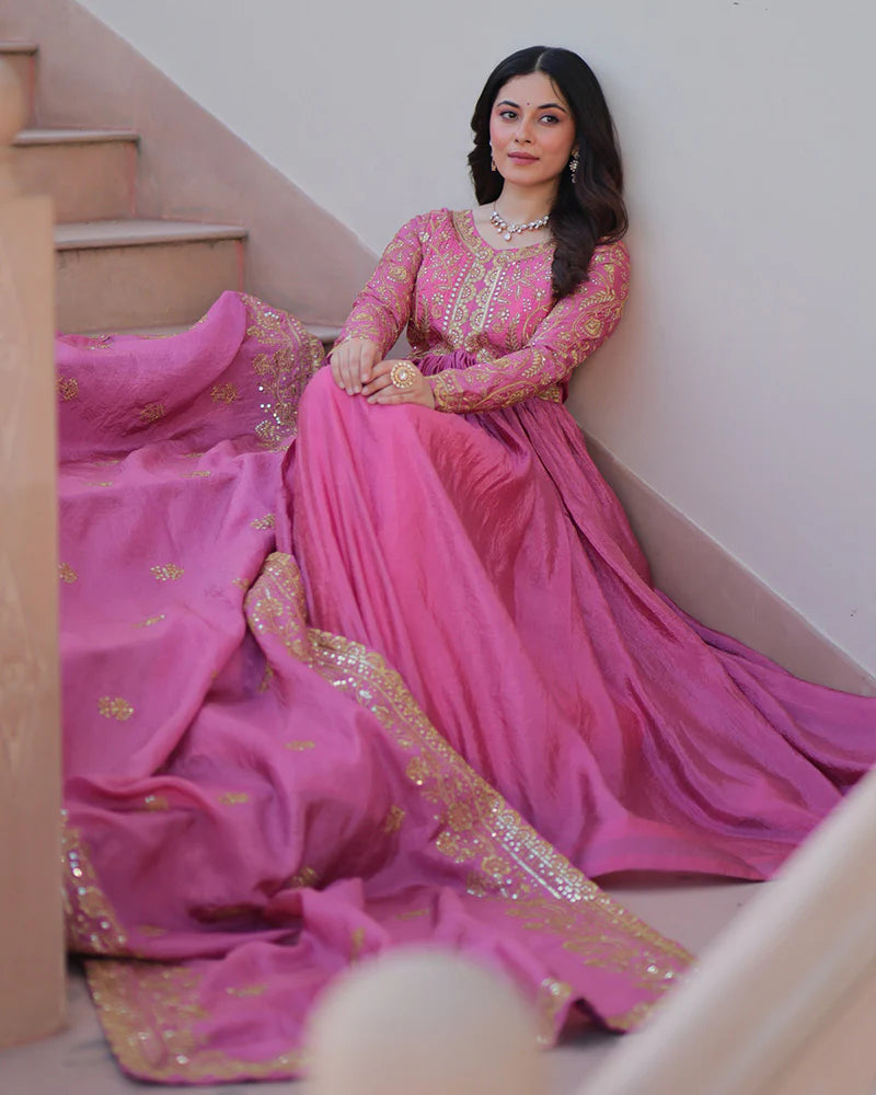 Womenline Pink Color Gold Crush Embroidered Work Gown