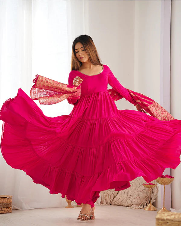 Womenline Rani Pink Color Pure Roman Silk Ruffle Style Anarkali Suit