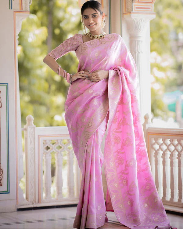Womenline Pink Color Banarasi Jacquard Zari Weaving Saree