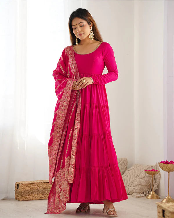 Womenline Rani Pink Color Pure Roman Silk Ruffle Style Anarkali Suit