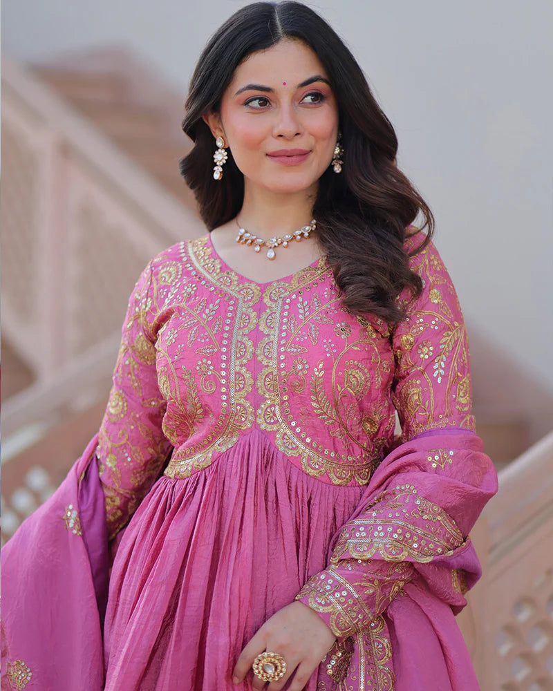 Womenline Pink Color Gold Crush Embroidered Work Gown
