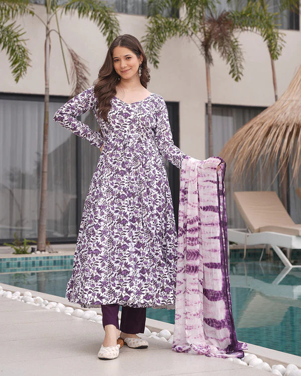 Womenline White And Purple Color Floral Printed Cotton Anarkali Suit