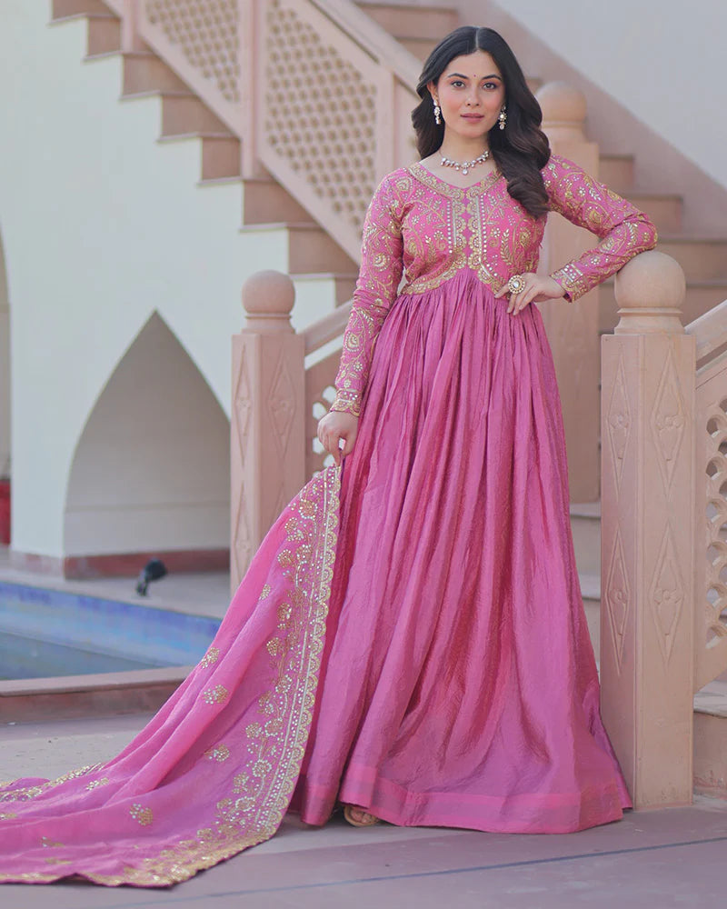Womenline Pink Color Gold Crush Embroidered Work Gown