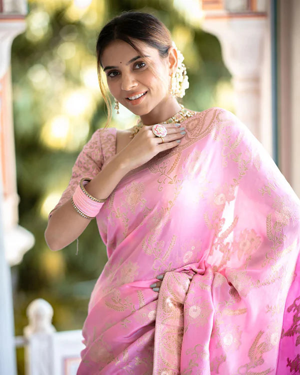 Womenline Pink Color Banarasi Jacquard Zari Weaving Saree