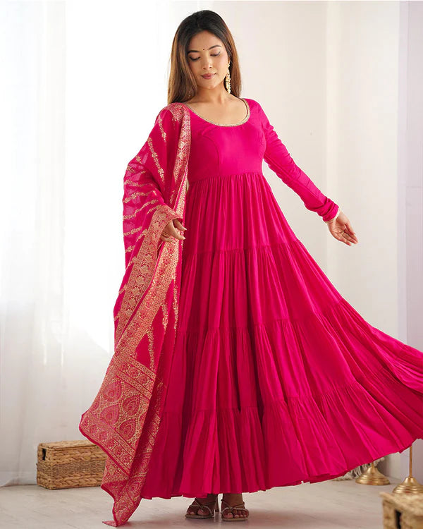 Womenline Rani Pink Color Pure Roman Silk Ruffle Style Anarkali Suit