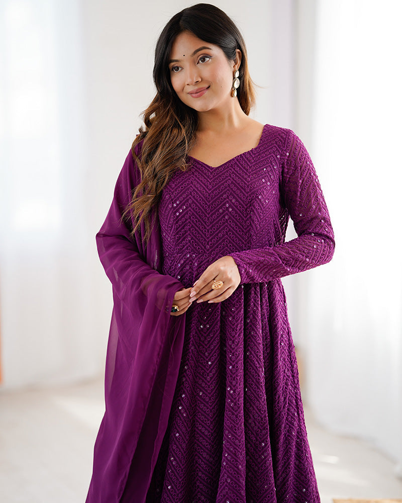 Womenline Wine Color Georgette Lucknowi Three Piece Anarkali Suit