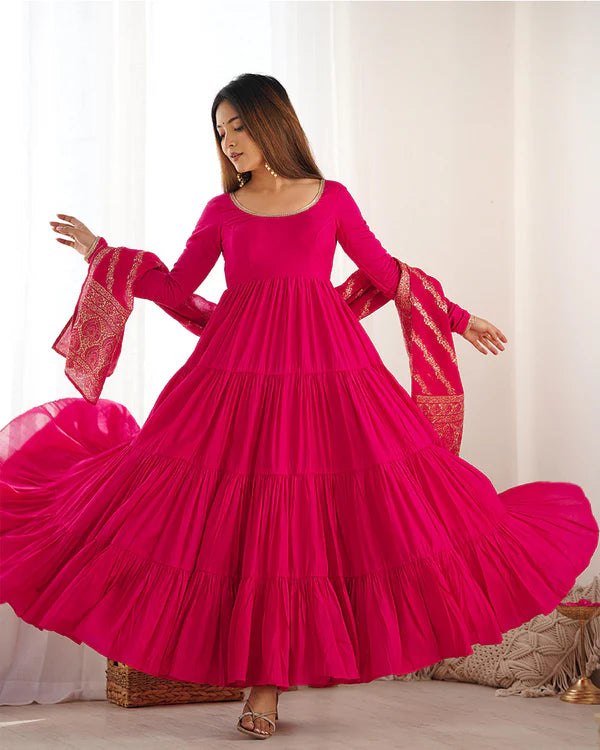 Womenline Rani Pink Color Pure Roman Silk Ruffle Style Anarkali Suit