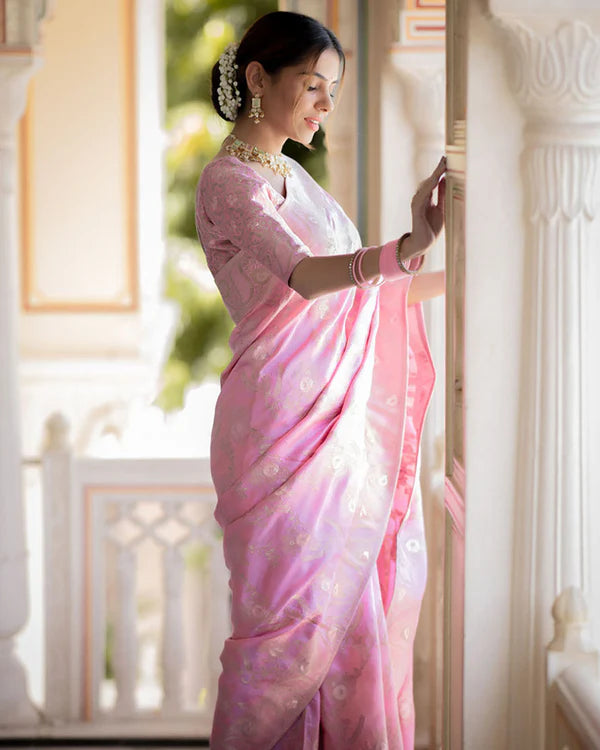 Womenline Pink Color Banarasi Jacquard Zari Weaving Saree